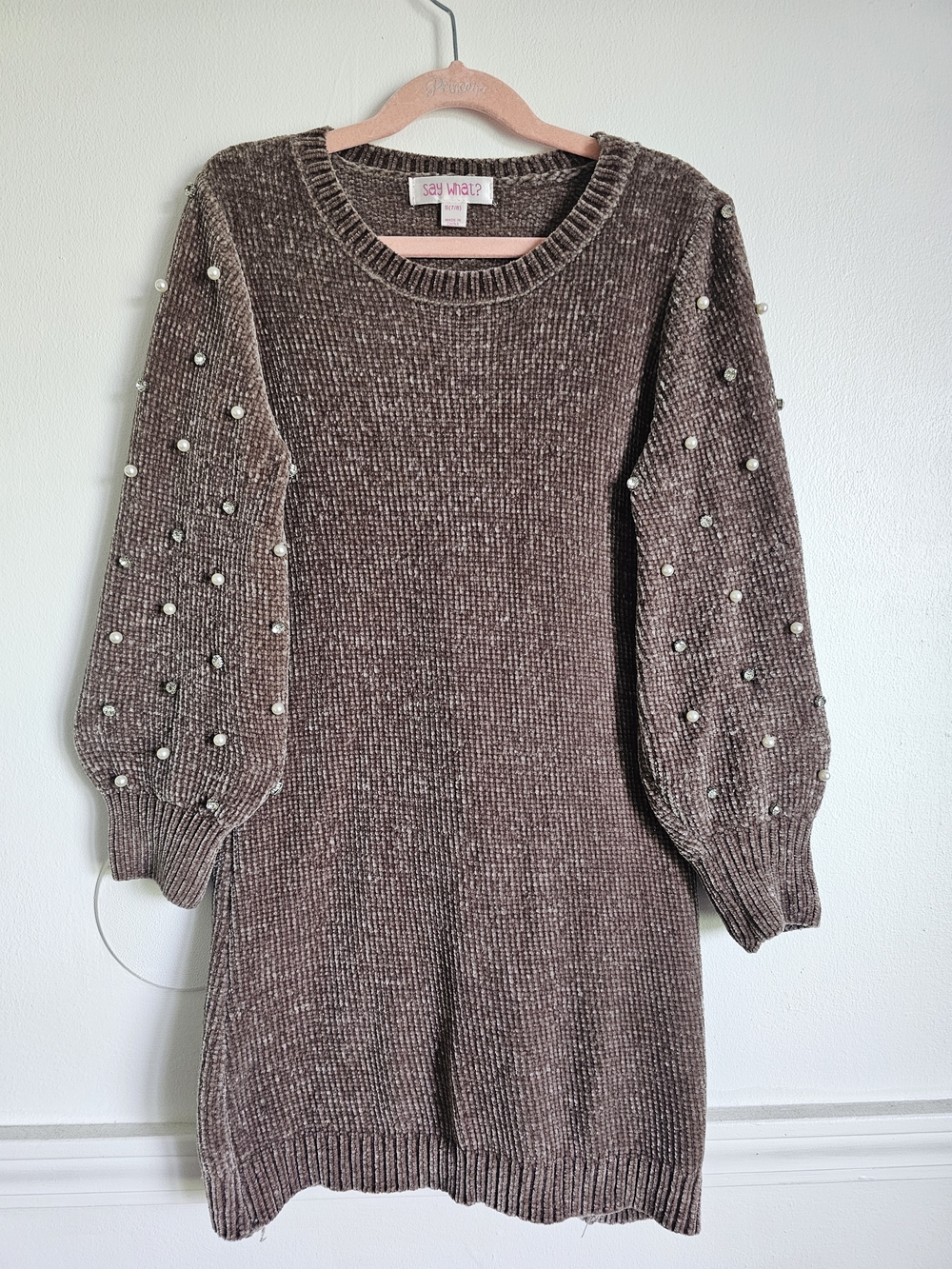 Brown Pearl-Accent Chenille Knit Dress